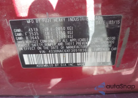 2015 Subaru Legacy 2.5I Premium z USA, uszkodzony, nr VIN 4S3BNAC6XF3051836